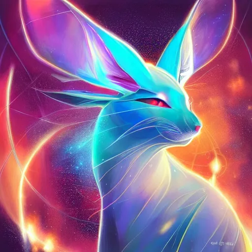 Image similar to geometric symmetrical flareon with galaxy eyes in space, nebula in the background, intricate, elegant, highly detailed, digital painting, artstation, concept art, smooth, sharp focus, illustration, art by artgerm