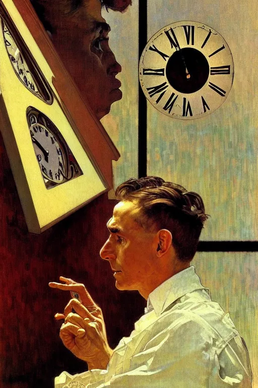 Prompt: white man looking at his clock waiting, late afternoon, sci - fi, digital painting, artstation, expressive oil painting on canvas, norman rockwell, alphonse mucha
