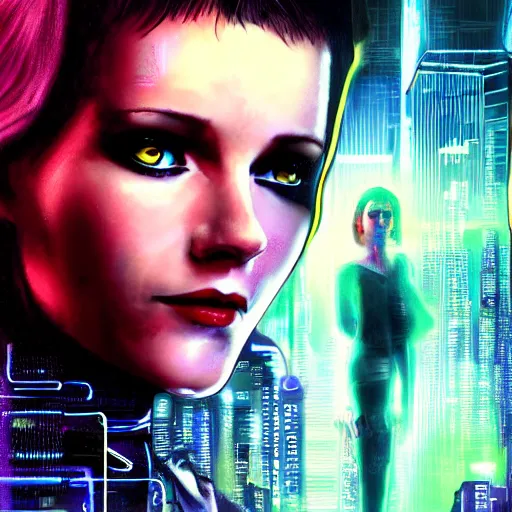 Prompt: Molly from the novel Neuromancer, beautiful woman, augmented eye implants, portrait shot, wires, cyberpunk, dramatic light, cyberpunk city in the background, movie illustration, poster art by Drew Struzan
