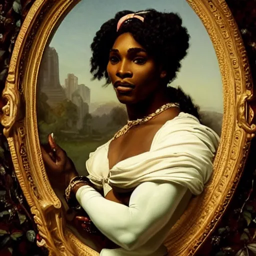 Image similar to Portrait of Serena Williams as Nike Goddess, large wings, luxuriant, dreamy, eternity, romantic, strong pose, highly detailed, in the style of Franz Xaver Winterhalter, highly detailed, in the style of Aetherpunk