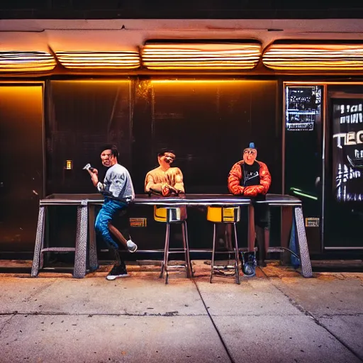 Image similar to photograph of retro techwear people holding solo cups loitering near the bar of a busy rundown nightclub, retrofuturism, brutalism, cyberpunk, sigma 85mm f/1.4, 35mm, 4k, depth of field, high resolution, 4k, 8k, hd, highly detailed, full color