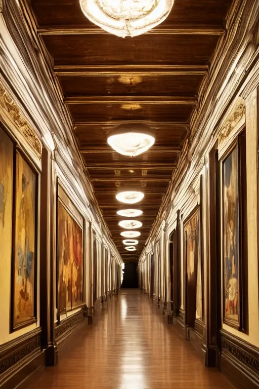 Prompt: endless corridor, museum, detailed paintings on walls, spot lights, reflections in wooden floor