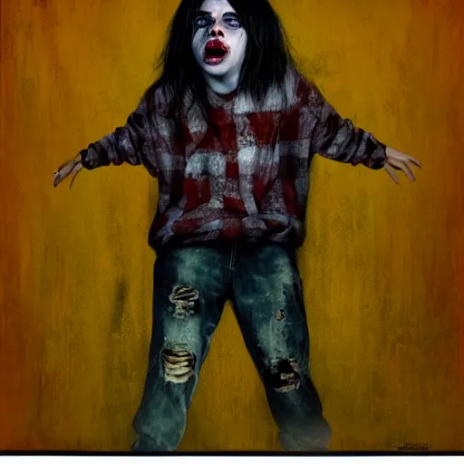 Prompt: grunge painting of billie eilish by michal karcz in the style of chucky | freddy krueger style