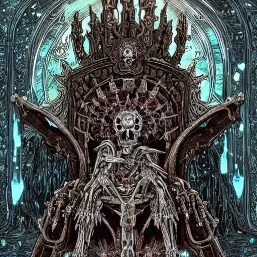 Prompt: A lich sitting on the throne made of bones, magical glow, intricate, sharp details, in the style of Kristian Wåhlin