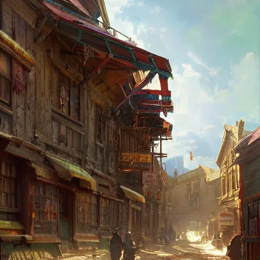 Image similar to artstation concept of historic old west town, bright colorful, hyperdetailed, artstation trending, world renowned artists, worth1000.com, historic artworks society, antique renewel, cgsociety, by greg rutkowski, by Gustave Dore, Deviantart