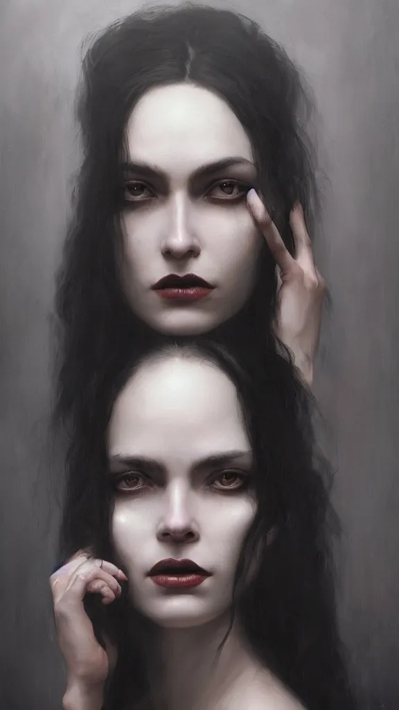 Image similar to face of a beautiful woman with very black hair, intimidating woman, large black eyes, high forehead, smooth pale skin, ethereal skin, ominous, eldritch. oil painting by nuri iyem, james gurney, james jean, greg rutkowski, highly detailed, soft lighting, chiaroscuro