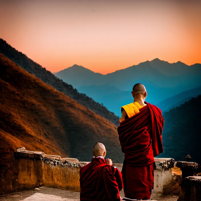 Image similar to fashion editorial of buddhist monk in nepal temple, monastery, portrait, moutain, landscape, sunset, photography, very beautiful, highly detailed, intricate