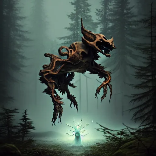 Prompt: ( ghost pokemon ) creature creature in a alaskan forest, : : by michal karcz, daniel merriam, victo ngai and guillermo del toro : : ornate, dynamic, particulate, intricate, elegant, highly detailed, centered, artstation, smooth, sharp focus, octane render, 3 d