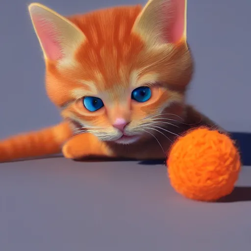 Image similar to orange tabby kitten playing with a ball of yarn, octane render, 4 k