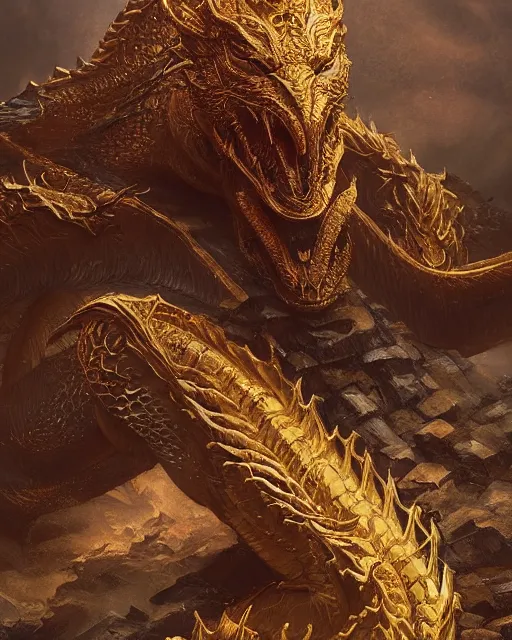 Prompt: A golden dragon resting, tiger skin, highly detailed, fantasy art, monster art, in the style of greg rutkowski, illustration, epic, fantasy, intricate, hyper detailed, artstation, concept art, smooth, sharp focus, ray tracing
