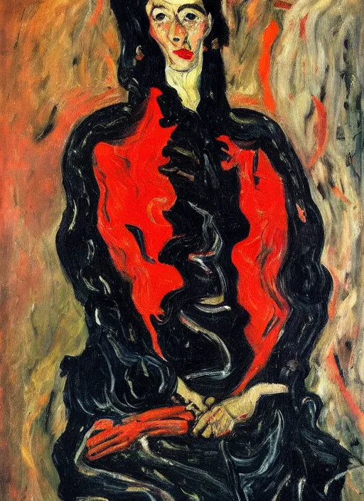 Image similar to an oil portrait of an extremely interesting looking woman in a black fury coat and red dress, a sophisticated composition, in expressive style of Chaim Soutine and Frank Auerbach and Van Gogh, complimentary palette