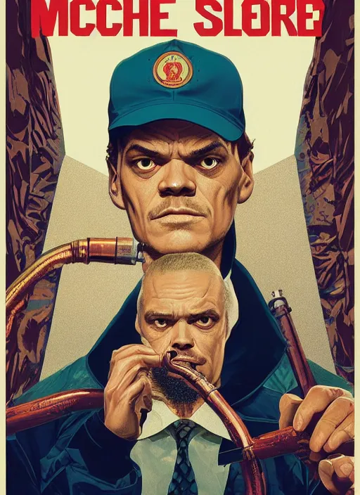 Prompt: poster artwork by Michael Whelan and Tomer Hanuka, Karol Bak of portrait of Michael Shannon the local mechanic clerk at the auto store, from Twin Peaks, clean, simple illustration, nostalgic, domestic, full of details