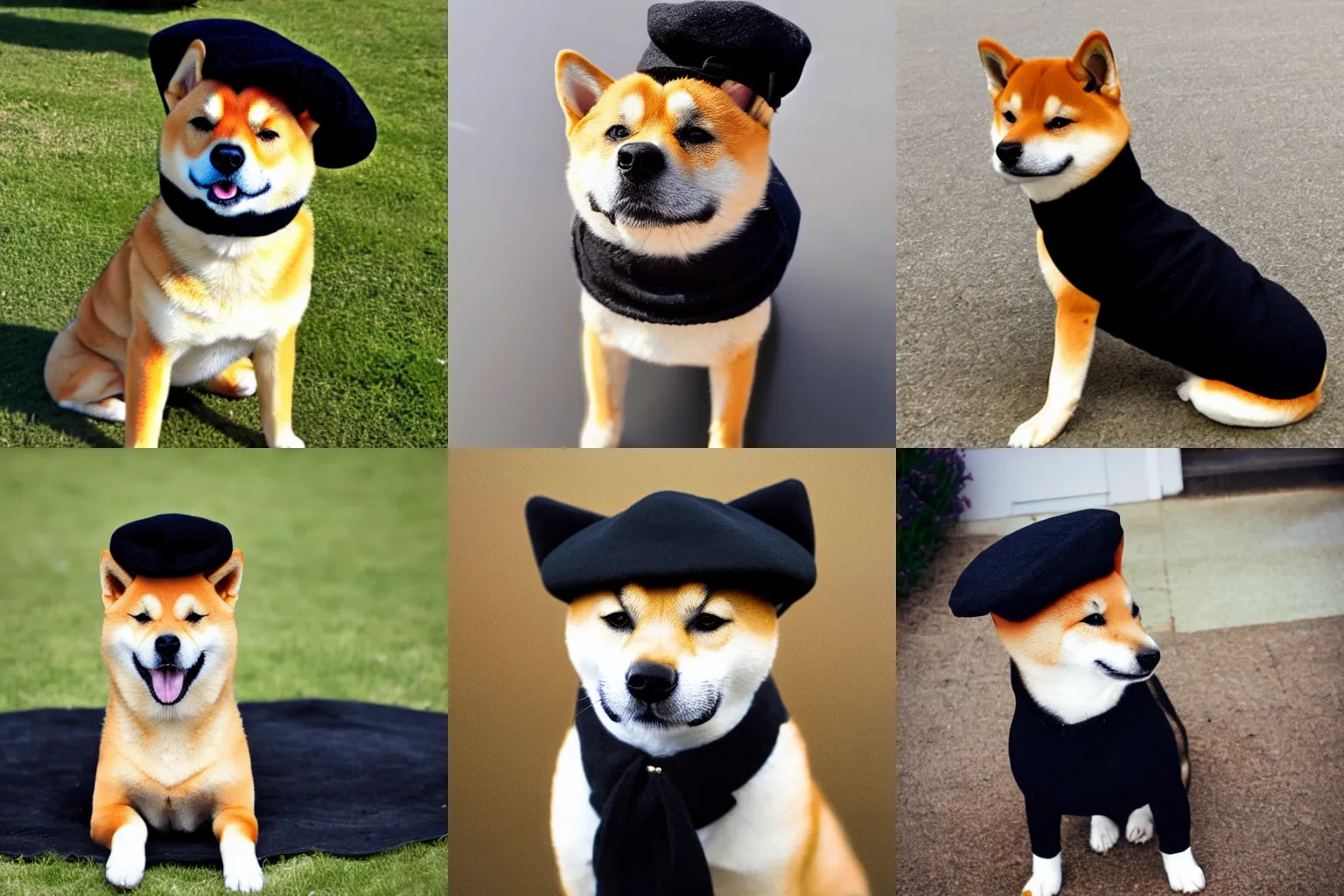 Prompt: a shiba inu dog wearing a beret and black turtleneck