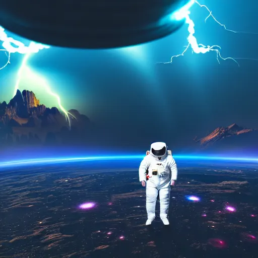 Image similar to astronaut finding a flower on an alien planet with mountains, water, strange clouds, hyper realistic, dramatic lightning, ray tracing, 8 k