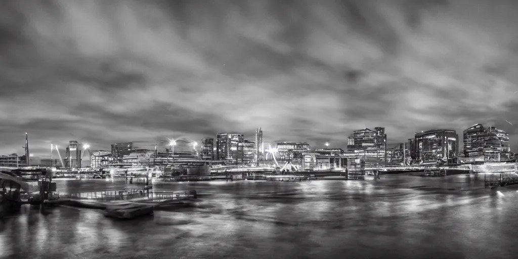 Image similar to docklands in london, night, dimly lit cirrus clouds, long exposure, architecture photography, no hdr, ultrawide image