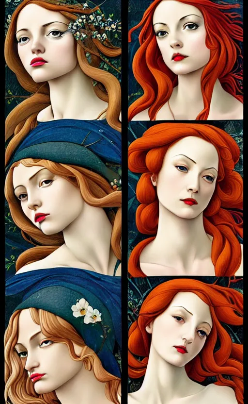 Image similar to the 12 months of the year as figures, (3 are Winter, 3 are Spring, 3 are Summer and 3 are Autumn), in a mixed style of Botticelli and Æon Flux, inspired by pre-raphaelite paintings and shoujo manga, hyper detailed, stunning inking lines, flat colors, 4K photorealistic