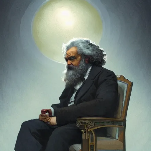 Prompt: portrait of Karl Marx pondering his orb, highly detailed, digital painting, artstation, concept art, smooth, sharp focus, illustration, art by artgerm and greg rutkowski and alphonse mucha