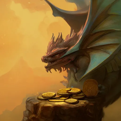 Image similar to beautiful fantasy illustration of an adorable baby dragon sleeping on top of gold coins. tavern background, by andreas rocha and marc simonetti, trending on artstation 8k hq