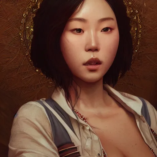 Image similar to A Korean woman in a stylish dress as a grand theft auto 5 loading screen, close shot, gorgeous, beautiful, intricate, highly detailed, digital painting, artstation, oppressive lighting, concept art, sharp focus, illustration, art by greg rutkowski and alphonse mucha
