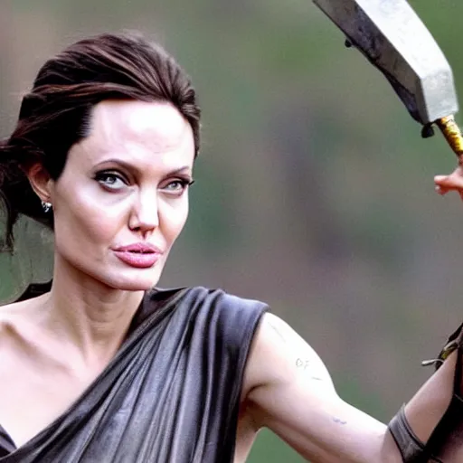 Image similar to angelina jolie as the greek goddess athena, fighting in battle, action scene, live action, dynamic