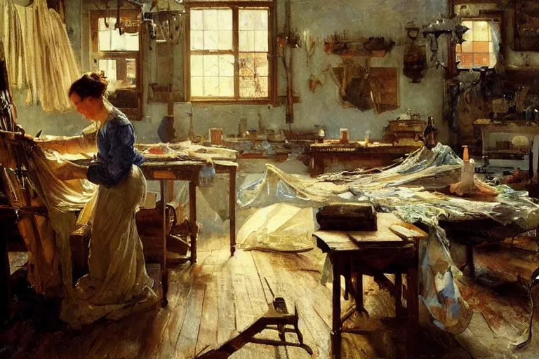 Image similar to oil painting of quilter working on a beautiful quilt in their workshop, art by anders zorn, wonderful masterpiece by greg rutkowski, beautiful cinematic light, american romanticism by greg manchess, jessica rossier and norman rockwell
