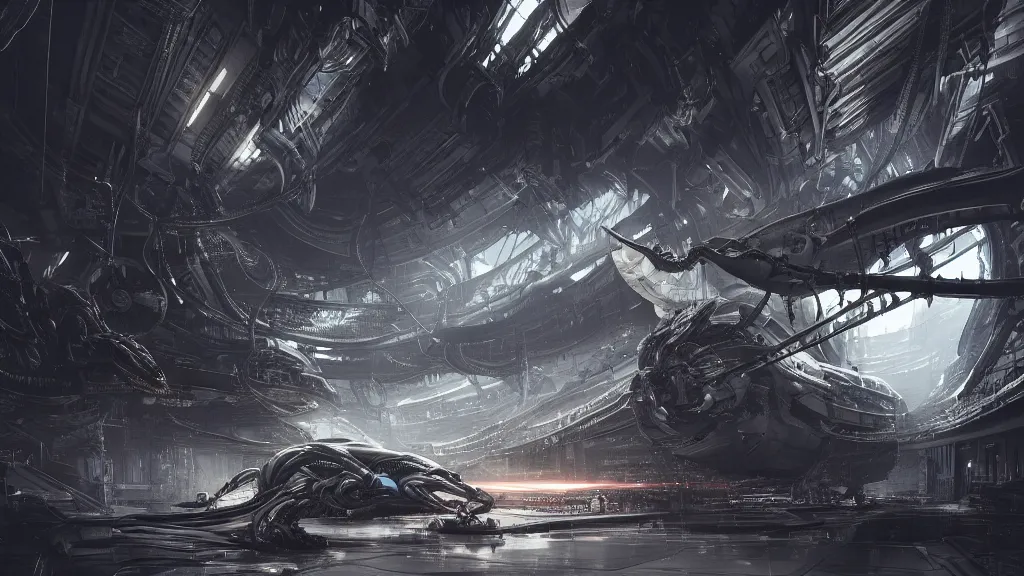 Image similar to a Photorealistic dramatic hyperrealistic,hyper detailed render by Greg Rutkowski,Craig Mullins of an Epic Sci-Fi, Gigantic Alien xenomorph spaceship inside huge interior hangar,intricate bio mechanical surface details,many tubes and cables hanging from the ceiling by,ILM,Beautiful dynamic dramatic moody lighting,Volumetric,Cinematic Atmosphere,Octane Render,Artstation,8k