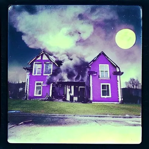 Image similar to a woman in the background a house on fire and she is smiling and the moon is purple, polaroid photo, perfect photo, photo pinterest