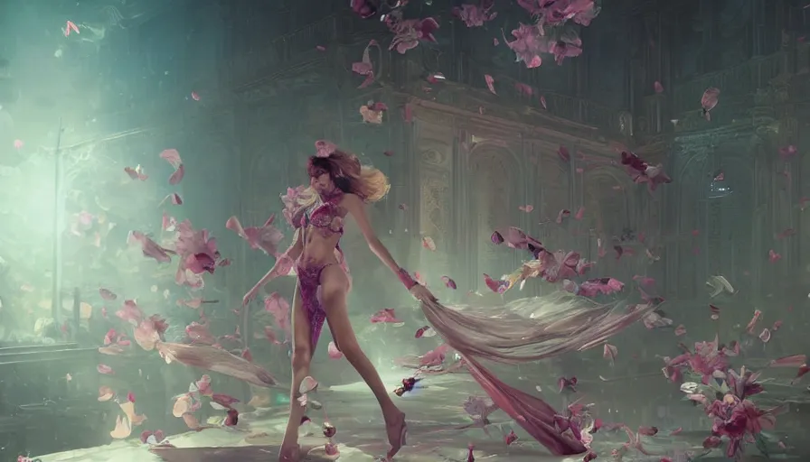 Image similar to victoria secret runway show, light, shadows, reflections, flowers, epic composition, intricate, elegant, volumetric lighting, digital painting, highly detailed, artstation, sharp focus, illustration, concept art, ruan jia, steve mccurry, artgerm and mina petrovic and timothy kong and marina federovna