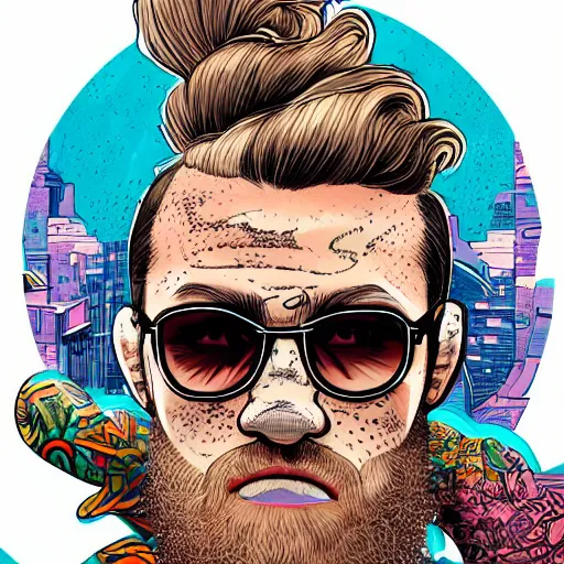 Prompt: hyper detailed comic illustration of Conor Mcgregor, futuristic sunglasses and a gorpcore jacket, tattoo on his face, by Josan Gonzalez and Geof Darrow, intricate details, vibrant, solid background, low angle fish eye lens