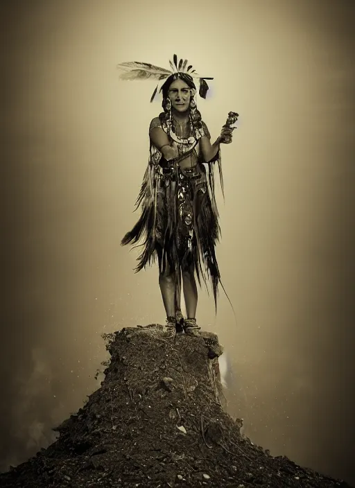 Image similar to old vintage photo of native Indian shaman female on the complex steam punk jet, extreme sports photography , dynamic photography, high speed,dirt and grawel flying in the spot, lens flares, dust in the air, moody lighting, intricate, elegant, highly detailed, centered, smooth, sharp focus, sports photography, old photo, black and white, sepia, cinematic lighting, cinematic angle, national geographic