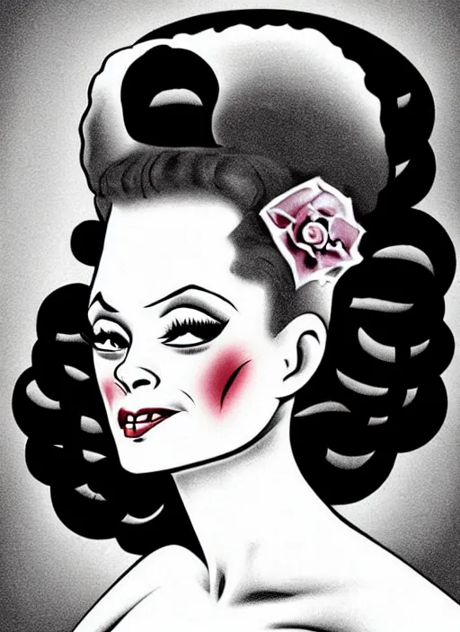 Image similar to pin - up art style of the bride of frankenstein