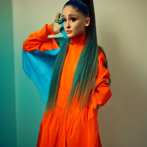 Image similar to the 2 0 2 2 award winning photo of ariana grande wearing a trash bag, cinematic, atmospheric, vivid, colorful, orange & teal, susan worsham photograph