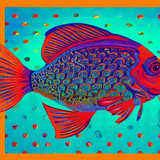 Prompt: one stylized fish with saturated colors viewed in profile in the very desaturated ocean filled with complex sparkles and patterns, artstation, intricate, realistic, highly detailed, digital painting, concept art, sharp focus, illustration by tom whalen and charles williams and kilian eng and james jean