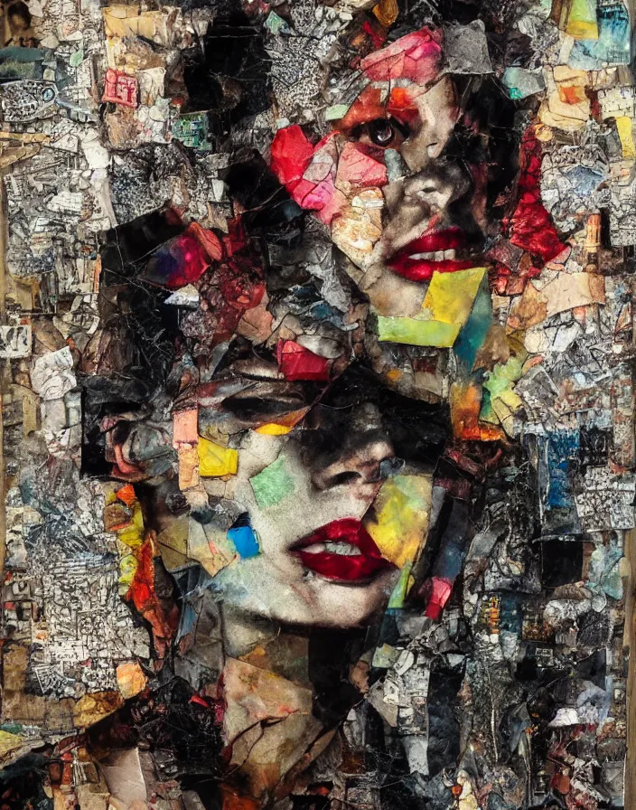 Prompt: dancing fearful shine detailed analogue mixed media collage with canvas texture in style of contemporary art, punk art, hyperrealistic beautiful face, photorealistic, expressionism, masterpiece, perfect composition, spectacular quality torn paper, intricate oil details, broken glass