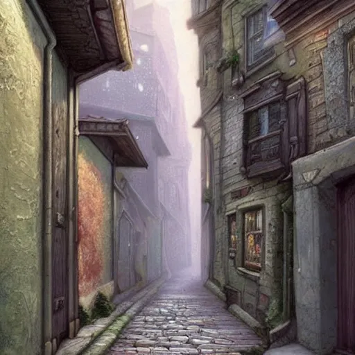 Prompt: narrow street between houses, fantasy art, concept art, high detail