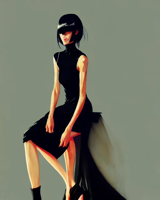 Image similar to a ultradetailed beautiful panting of a stylish woman in a black dress sitting, by conrad roset, greg rutkowski and makoto shinkai trending on artstation