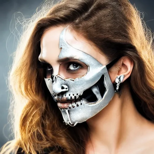 Prompt: A new dark hero for blockbuster movies. A beautiful woman wearing a silver skeletal mask, engraved with ancient detailed patterns. Attractive eyes. A fearless smile. Blurred background. Earrings.