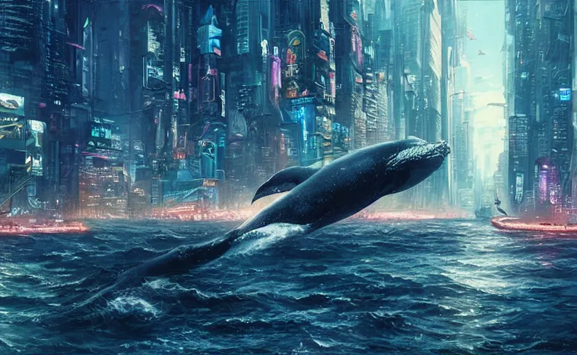 Image similar to cyberpunk whale attacking Newyork city ,digital art,ultra realistic,ultra detailed, ultra wide Lens, art by greg rutkowski