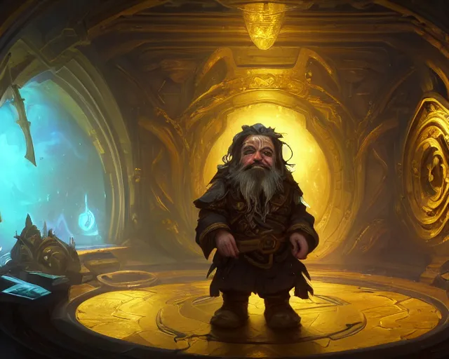 Image similar to a 4 k cinematic screenshot still portrait of a dwarf in a dark liminal space room surrounded by gold, deep focus, d & d, fantasy, intricate, elegant, highly detailed, digital painting, art station, concept art, matte, sharp focus, illustration, dark fantasy style art, hearthstone, art by artgerm and greg rutkowski and alphonse mucha