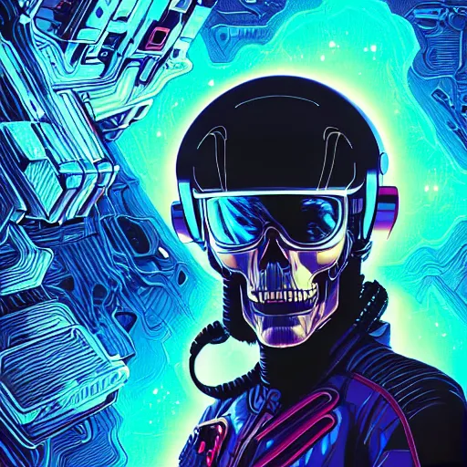 Image similar to close up portrait of a 23rd century Space Pirate by James Jean Dan Mumford Strongstufftom, most wanted, skull helmet, glorious data traveler, Ghost in the shell, Akira, cyberpunk, Blade Runner
