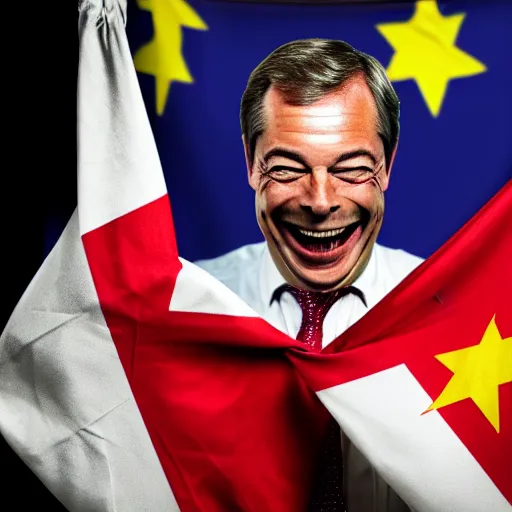 Image similar to nigel farage laughing holding burning eu flag, studio photograph, hd, studio