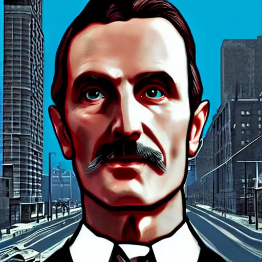 Image similar to nikola tesla in gta v cover art by steven bliss, cover art, box art, loading screen