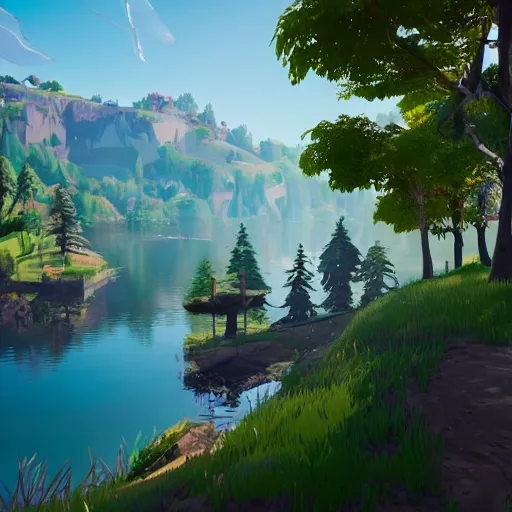 Image similar to a lake as a fortnite artstyle, au naturel, hyper detailed, digital art, trending in artstation, cinematic lighting, studio quality, smooth render, unreal engine 5 rendered, octane rendered, art style by klimt and nixeu and ian sprigger and wlop and krenz cushart