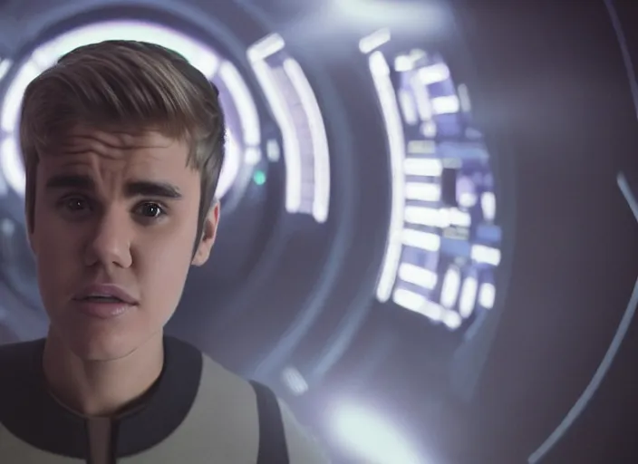 Image similar to Justin Bieber plays as captain in Star Trek Discovery, engine room and warp core in the background, 35mm photography, highly detailed, cinematic lighting, 4k