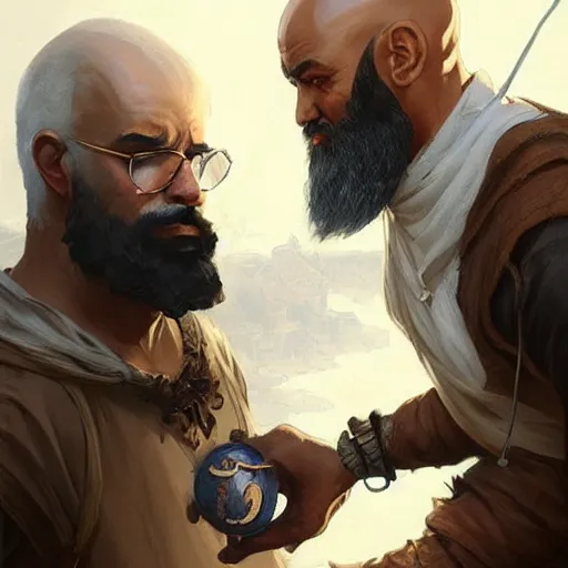 Image similar to wow! fanart young black bearded and bald man with a fish in his hand, d & d, high fantasy, detailed, digital art, artstation, smooth, sharp focus, art by artgerm, greg rutkowski, alphonse mucha