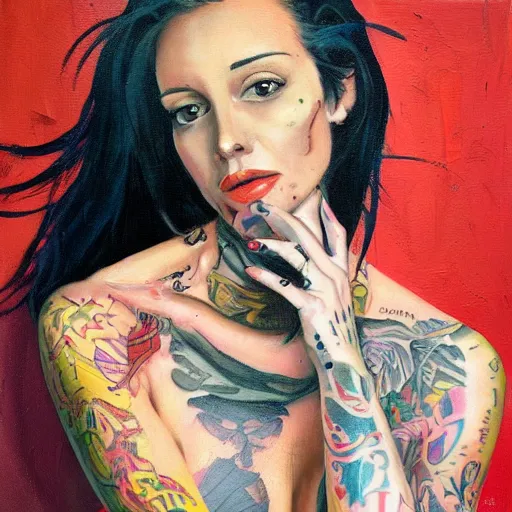 Image similar to painting of a beautiful woman with tattoos by hollis dunlap