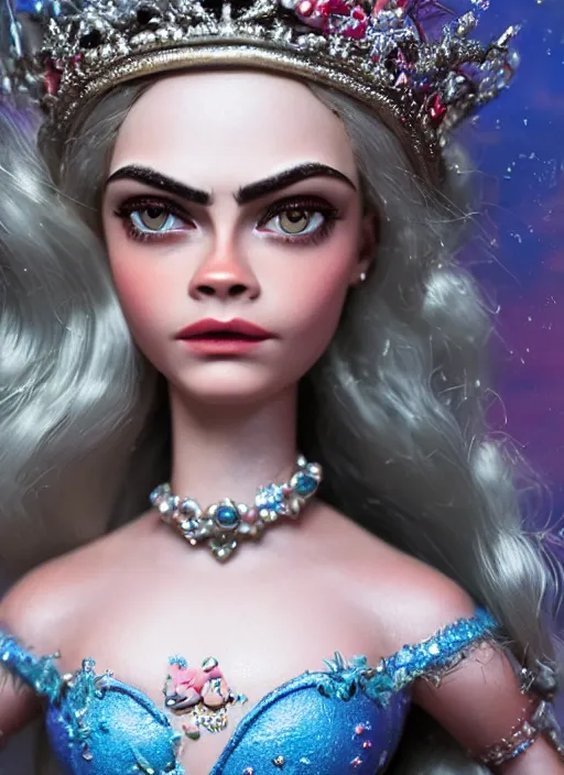 Image similar to closeup face profile portrait of tin toy cara delevingne as a fairytale princess wearing a crown eating cakes, bikini, depth of field, zeiss lens, detailed, symmetrical, centered, fashion photoshoot, by nicoletta ceccoli, mark ryden, lostfish, breathtaking, 8 k resolution, extremely detailed, beautiful, establishing shot, artistic, hyperrealistic, octane render