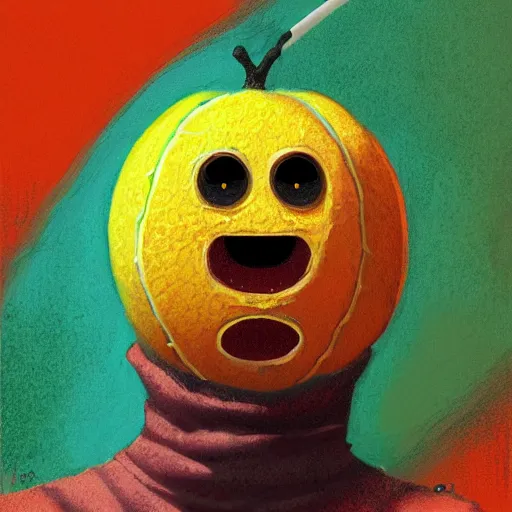 Prompt: a tennis ball monster , orange balaclava, digital art, fantasy, magic, trending on artstation, ultra detailed, professional illustration by Basil Gogos