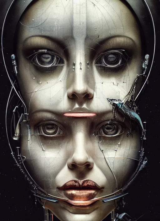 Image similar to a young beautiful female cyborg profile face, by h. r. giger, by ismail inceoglu, by kiki smith, glamor shot, vintage, closeup, f / 2. 8, low contrast, 1 6 k, rim lighting, cinematic lighting, insanely detailed and intricate, hypermaximalist, elegant, ornate, hyper realistic, super detailed