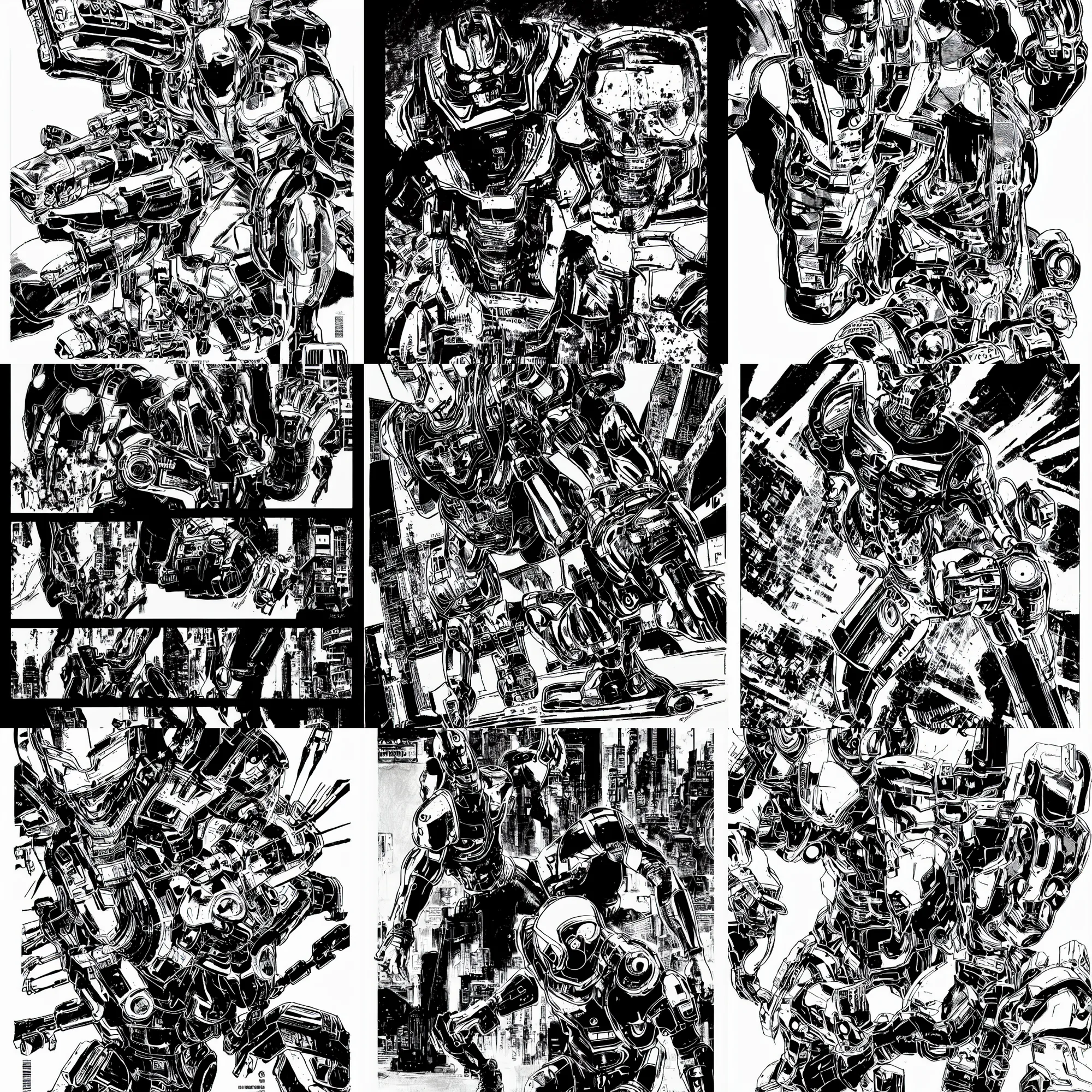 Image similar to ultron, a page from cyberpunk 2 0 2 0, style of paolo parente, style of mike jackson, adam smasher, johnny silverhand, 1 9 9 0 s comic book style, white background, ink drawing, black and white, mid - shot